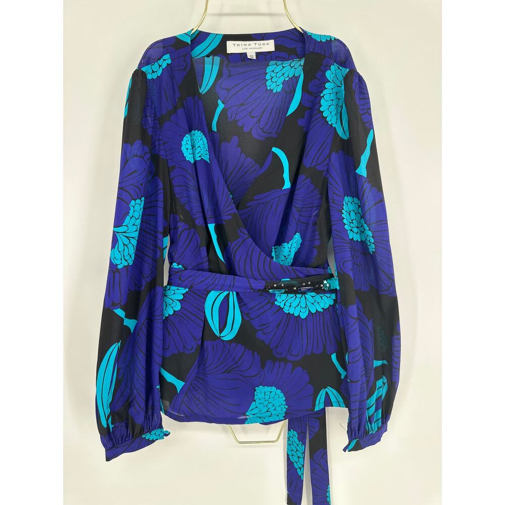 Trina Turk Silk Wrap Front Tie Purple/ Turquoise Blouse Size Small